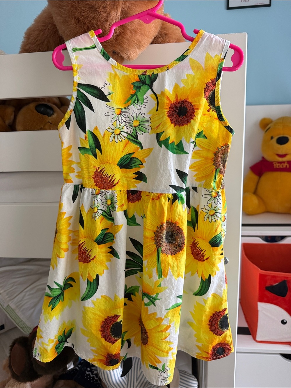 Sunflower Print Girls' Summer Dress - White & Yellow 120cm